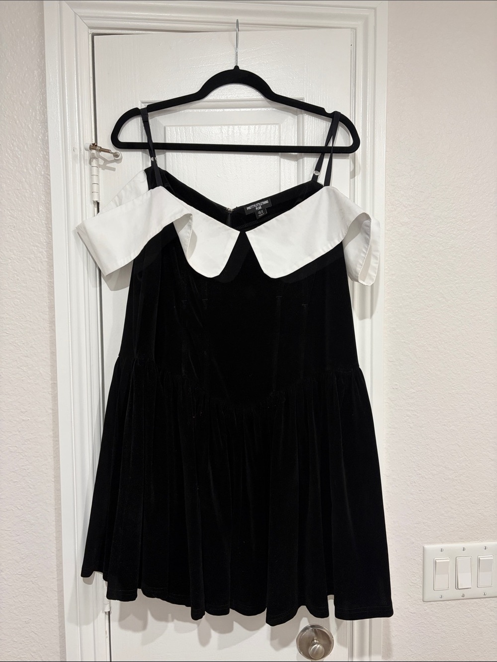 PrettyLittleThing Black Velvet Mini Dress with White Collar